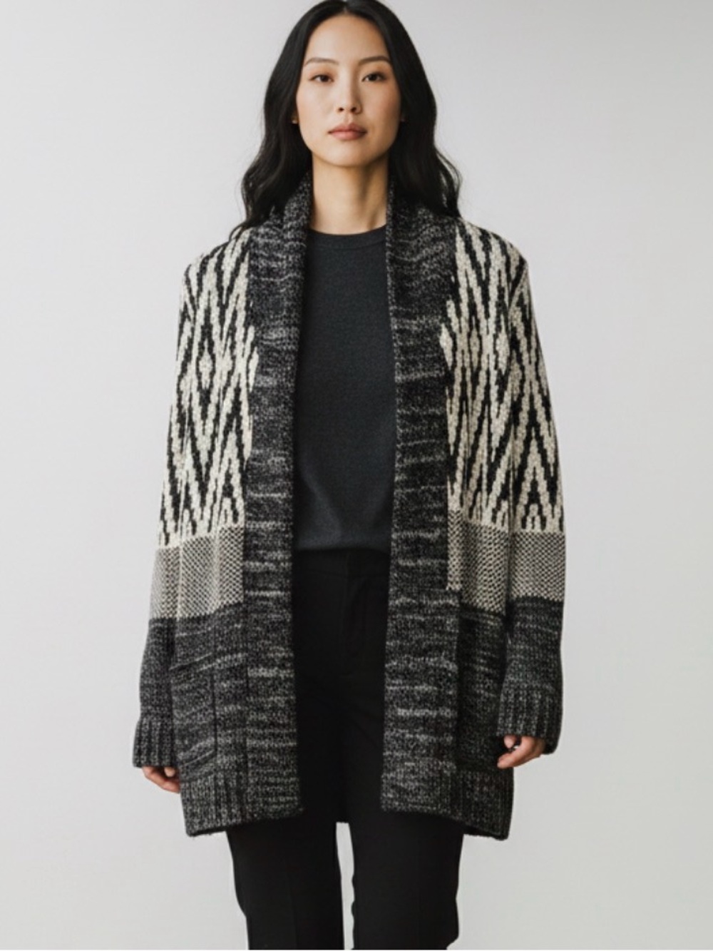 Lucky Brand Black & Cream Patterned Shawl Collar Cardigan